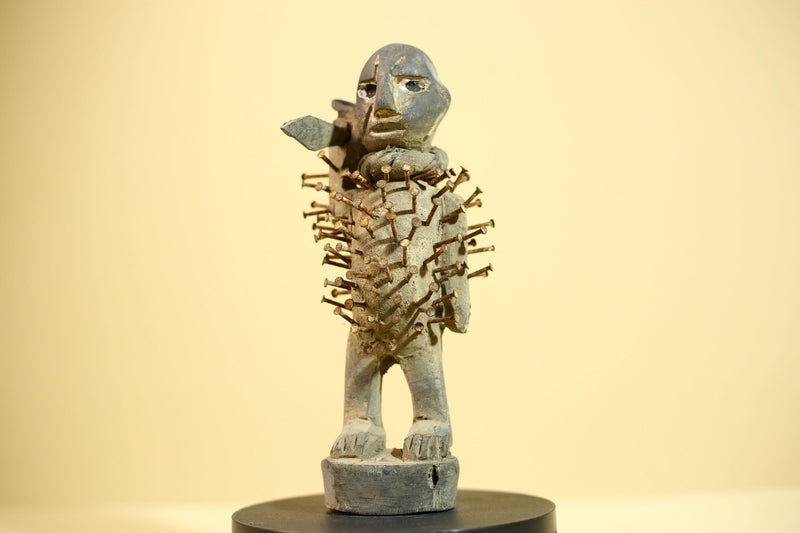 African Kongo Nail Fetish Statue Carved Wood Nkisi Nkondi Congo Ritual Figure-G5875