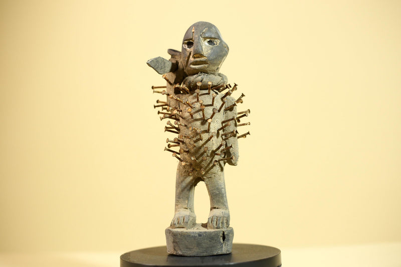 African Kongo Nail Fetish Statue Carved Wood Nkisi Nkondi Congo Ritual Figure-G5875