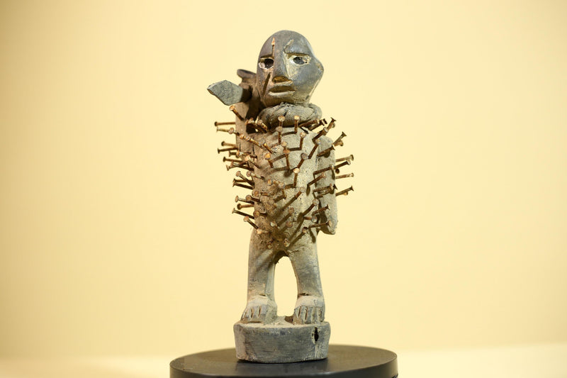 African Kongo Nail Fetish Statue Carved Wood Nkisi Nkondi Congo Ritual Figure-G5875