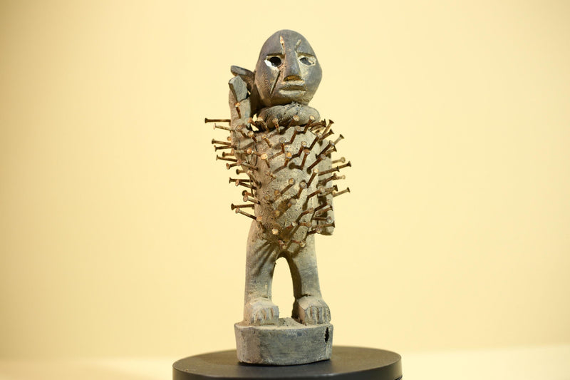 African Kongo Nail Fetish Statue Carved Wood Nkisi Nkondi Congo Ritual Figure-G5875