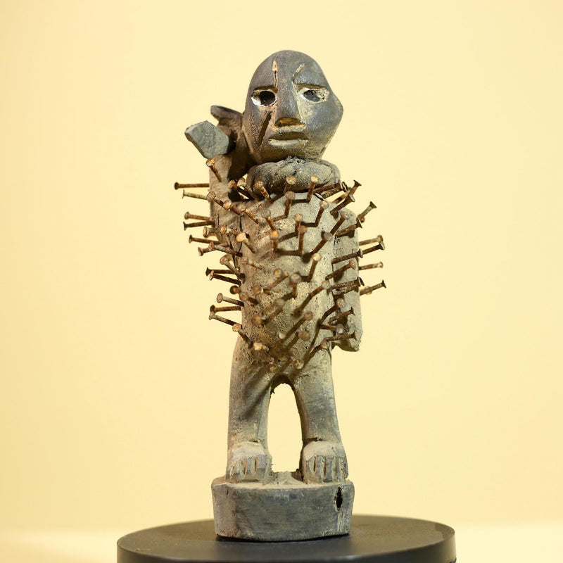 African Kongo Nail Fetish Statue Carved Wood Nkisi Nkondi Congo Ritual Figure-G5875