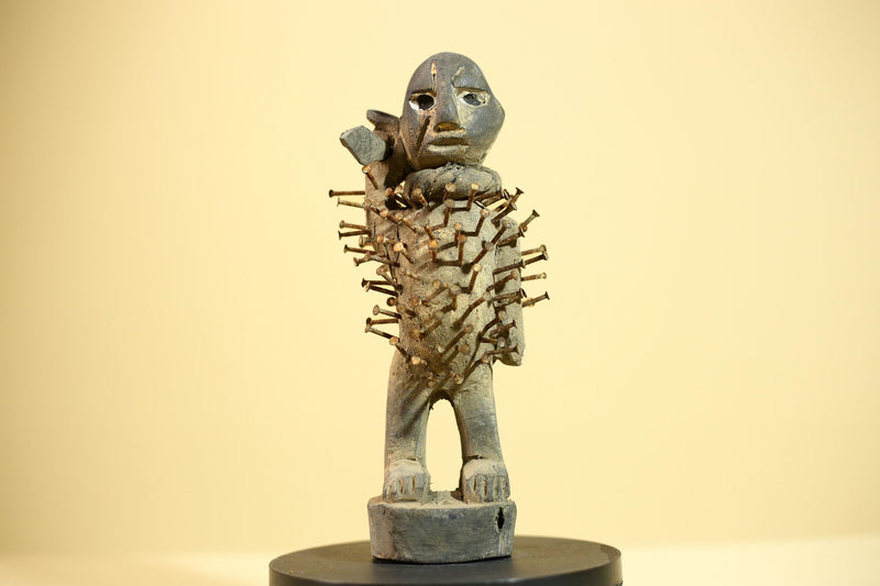African Kongo Nail Fetish Statue Carved Wood Nkisi Nkondi Congo Ritual Figure-G5875