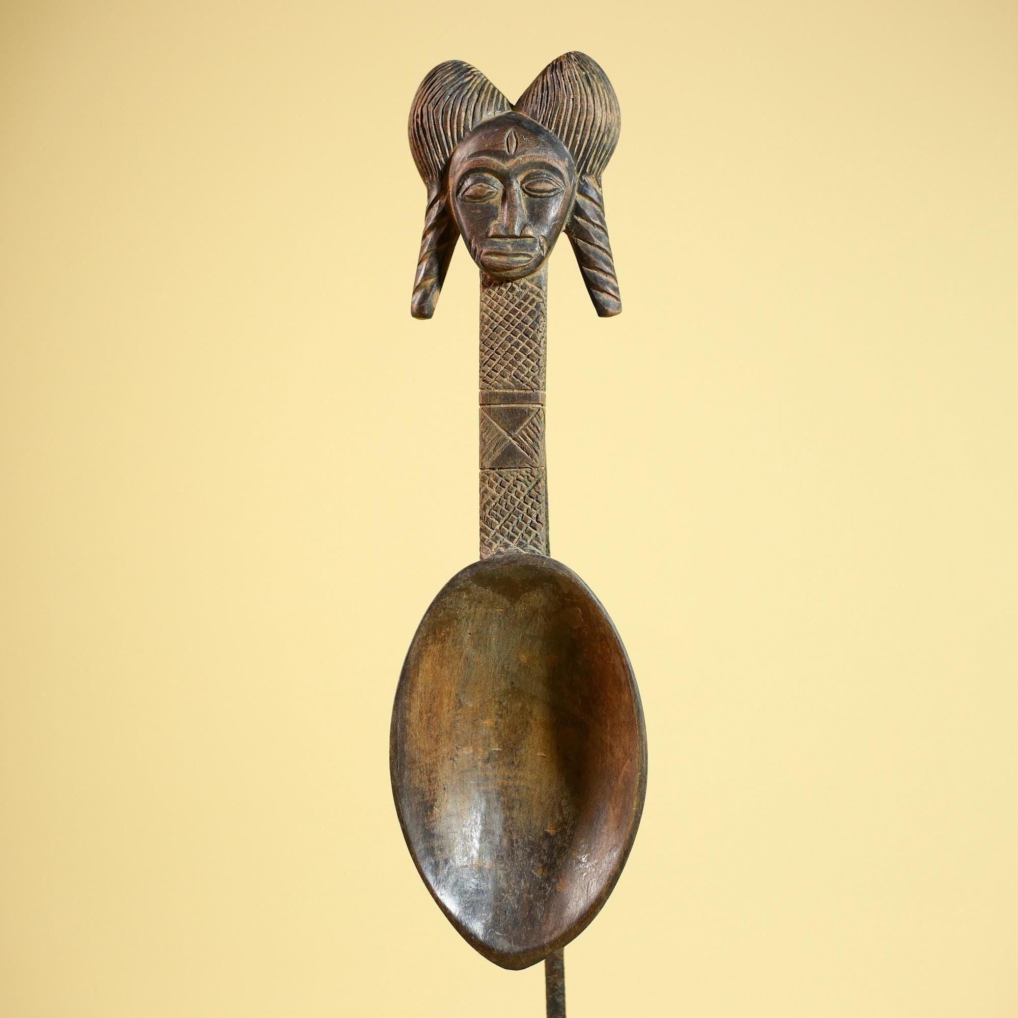 African Baule Spoon Carved Wood Female Head Côte d’Ivoire Tribal Art Decor-G5876