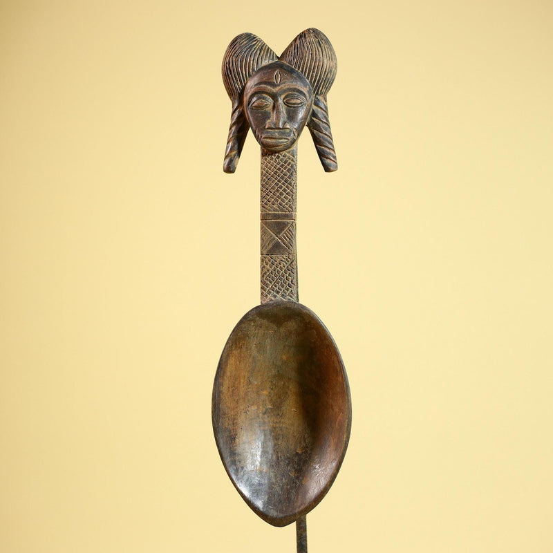 African Baule Spoon Carved Wood Female Head Côte d’Ivoire Tribal Art Decor-G5876