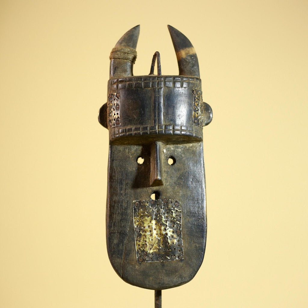 African Toma Mask Carved Wood Metal Inlay Guinea Tribal Art Wall Decor-G5880