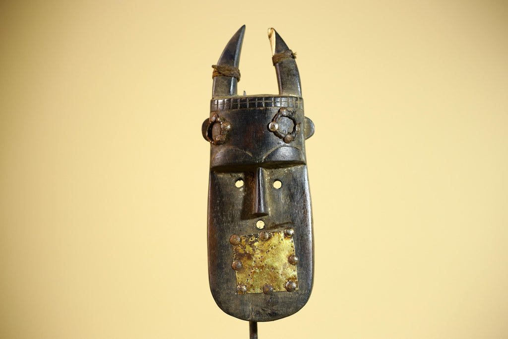 African Toma Mask Carved Wood Metal Inlay Guinea Tribal Art Wall Decor-G5881