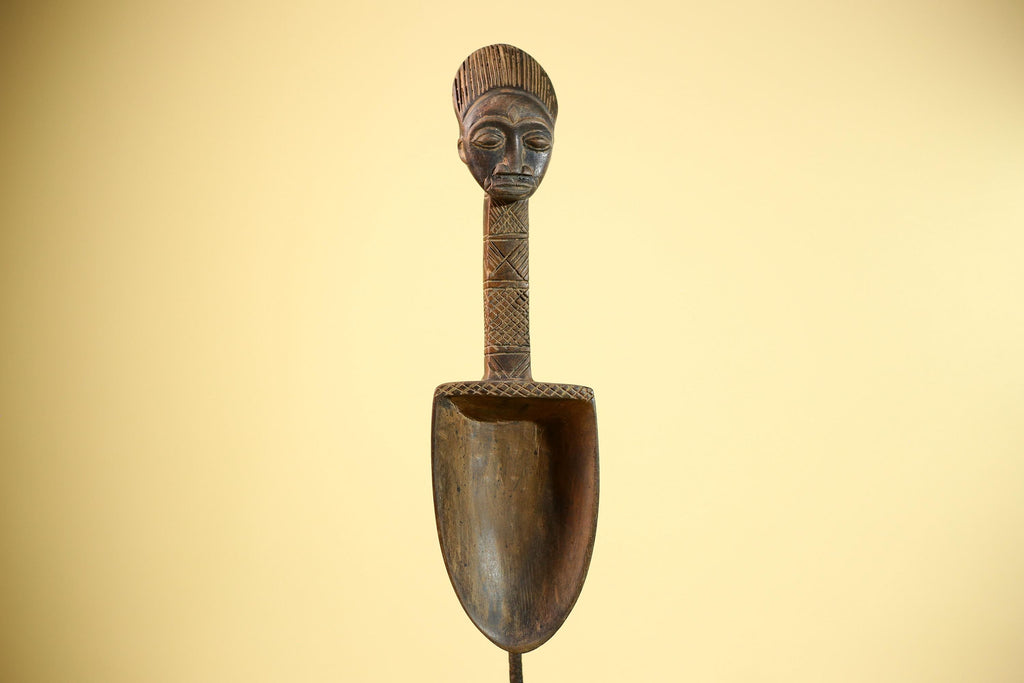 African Carved Statue Spoon Wood Figure Head Handle Tribal Art Decor-G5888