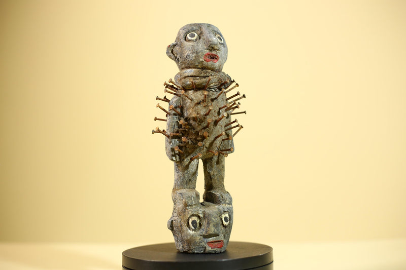 African Kongo Nail Fetish Statue Carved Wood Nkisi Nkondi Congo Ritual Figure-G5889