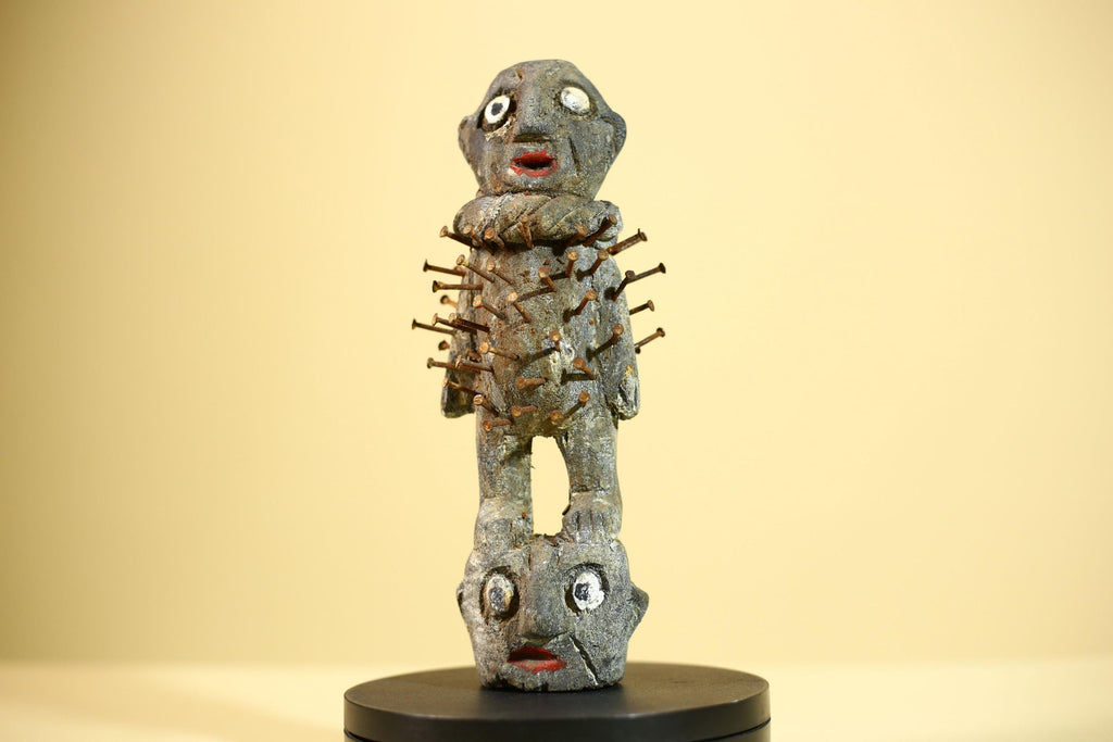 African Nail Statue Carved Wood Ritual Figure on Double Head Congo Art Decor-G5890