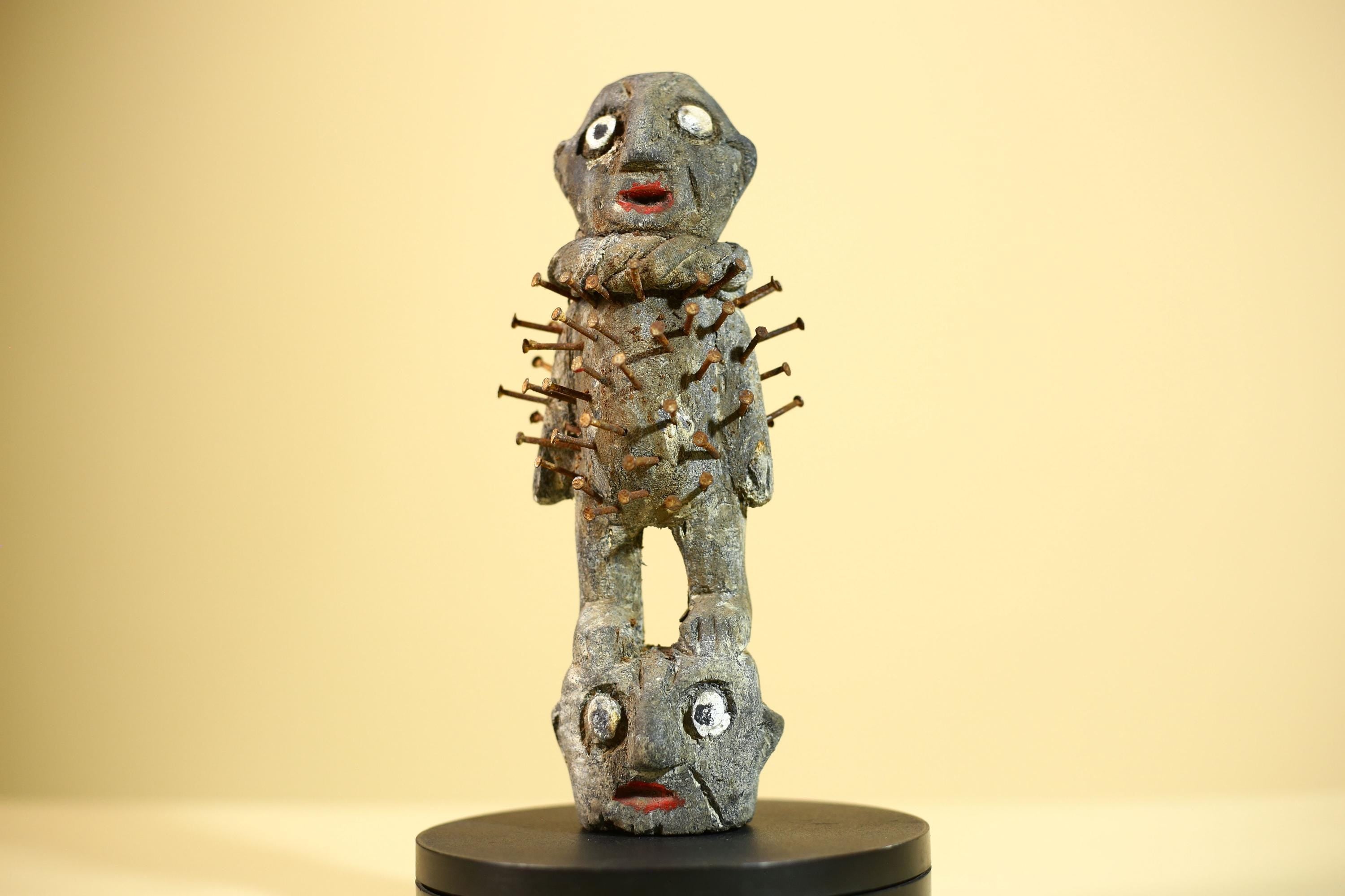 African Nail Statue Carved Wood Ritual Figure on Double Head Congo Art Decor-G5890