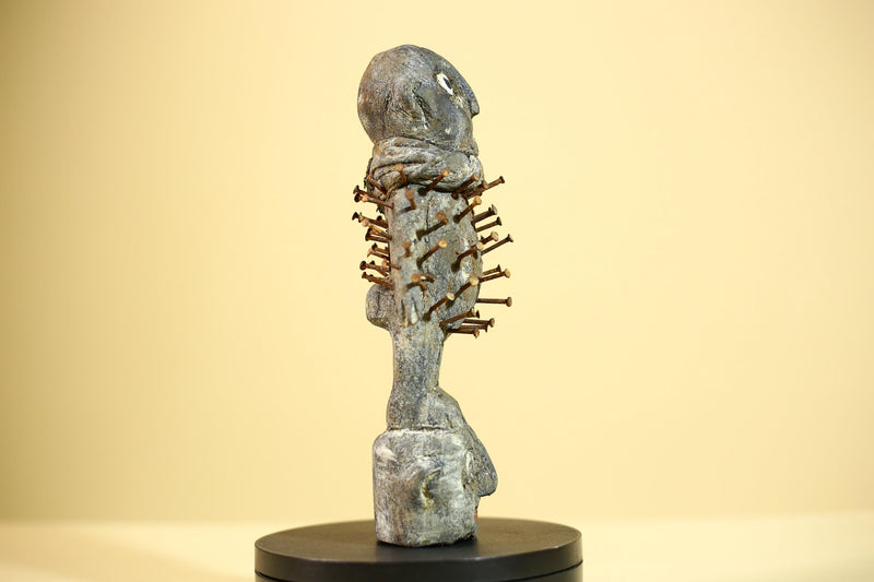 African Nail Statue Carved Wood Ritual Figure on Double Head Congo Art Decor-G5890