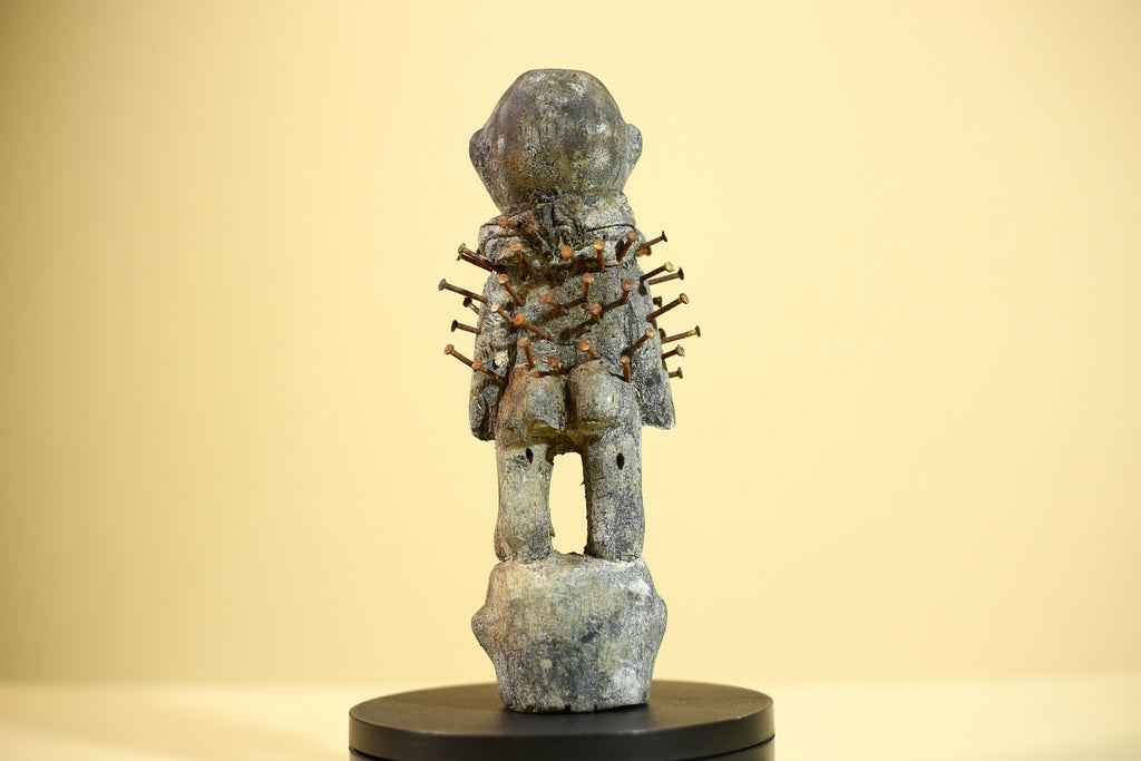 African Nail Statue Carved Wood Ritual Figure on Double Head Congo Art Decor-G5890