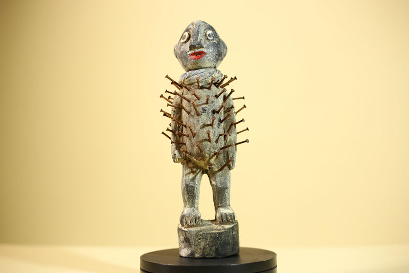 African Kongo Nail Fetish Statue Carved Wood Nkisi Nkondi Congo Ritual Figure-G5891