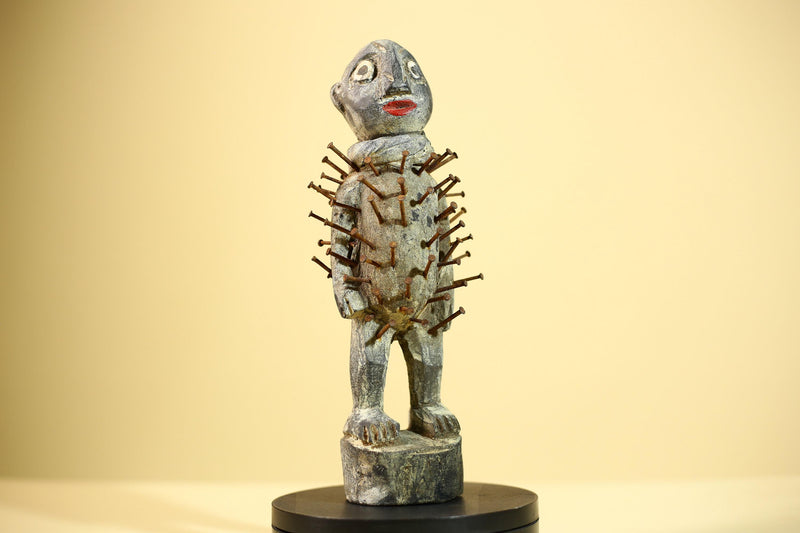 African Kongo Nail Fetish Statue Carved Wood Nkisi Nkondi Congo Ritual Figure-G5891