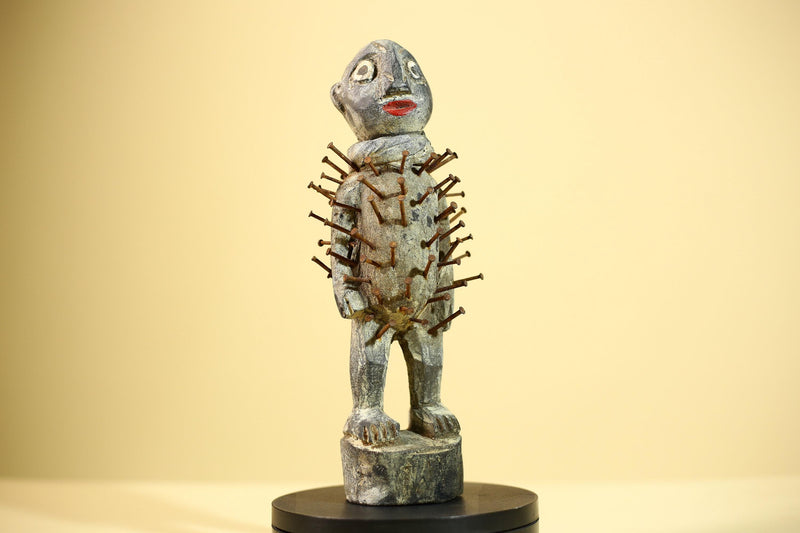 African Kongo Nail Fetish Statue Carved Wood Nkisi Nkondi Congo Ritual Figure-G5891