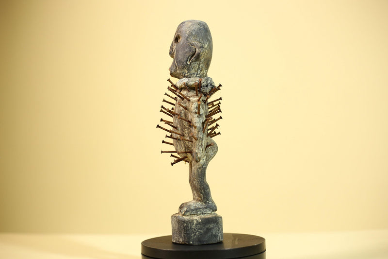 African Nkisi Nail Figure Statue Carved Wood Iron Spikes Congo Ritual Art-G5893