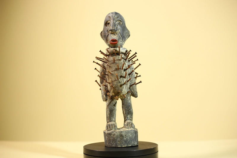African Nkisi Nail Figure Statue Carved Wood Iron Spikes Congo Ritual Art-G5893