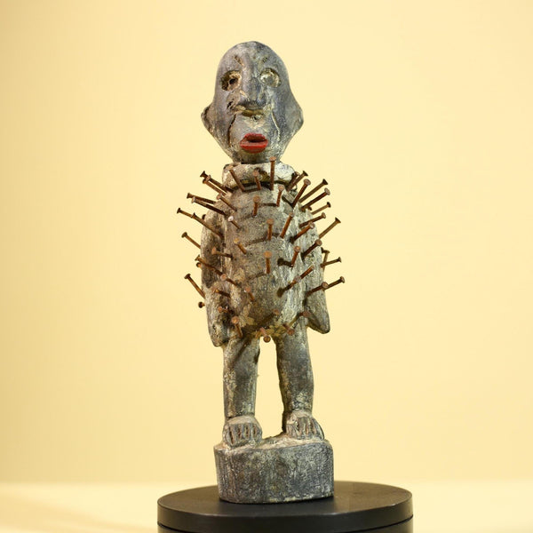 African Nkisi Nail Figure Statue Carved Wood Iron Spikes Congo Ritual Art-G5893