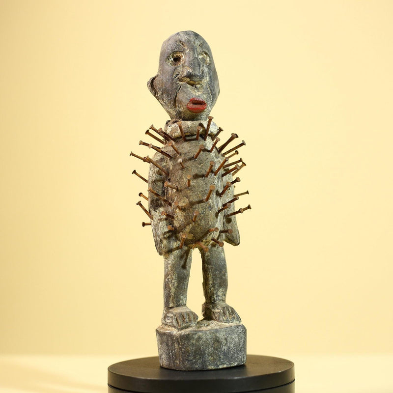 African Nkisi Nail Figure Statue Carved Wood Iron Spikes Congo Ritual Art-G5893