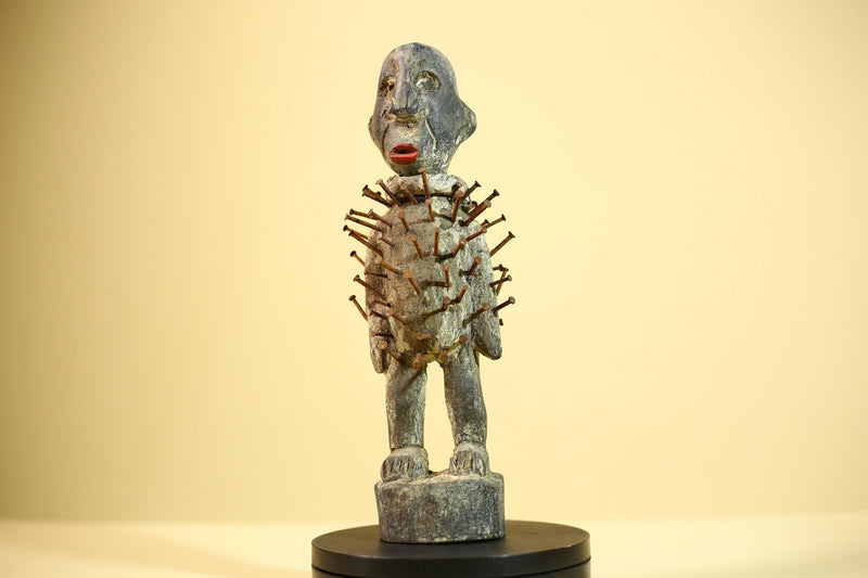 African Nkisi Nail Figure Statue Carved Wood Iron Spikes Congo Ritual Art-G5893