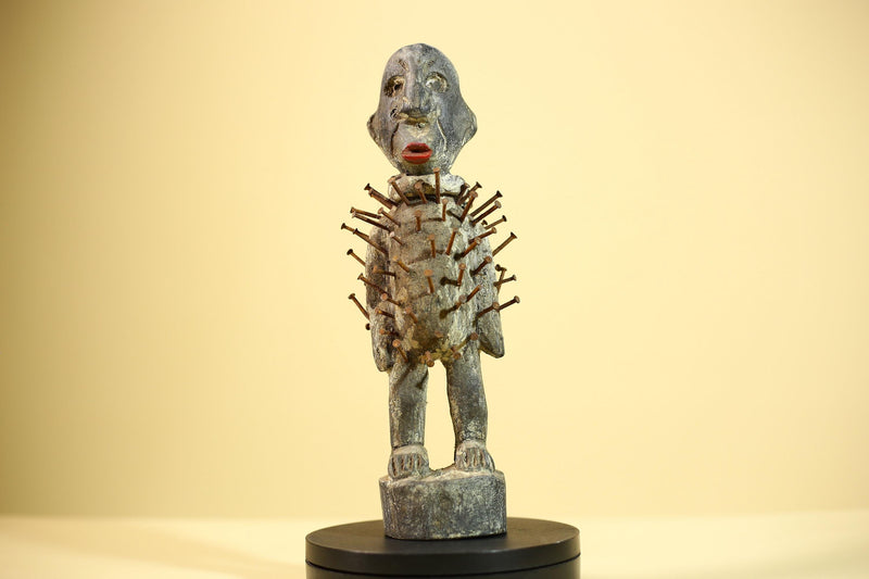 African Nkisi Nail Figure Statue Carved Wood Iron Spikes Congo Ritual Art-G5893