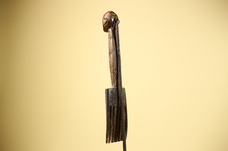 African Carved Wood Statue Comb Geometric Pattern West Africa Tribal Decor-G5894