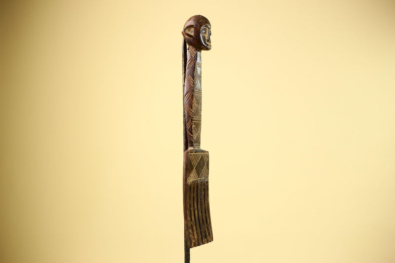 African Carved Wood Statue Comb Geometric Pattern West Africa Tribal Decor-G5894