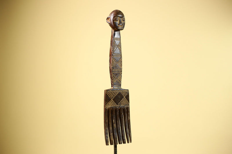 African Carved Wood Statue Comb Geometric Pattern West Africa Tribal Decor-G5894