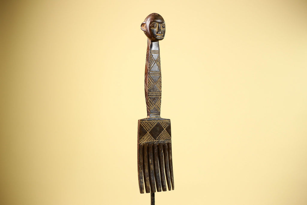 African Carved Wood Statue Comb Geometric Pattern West Africa Tribal Decor-G5894