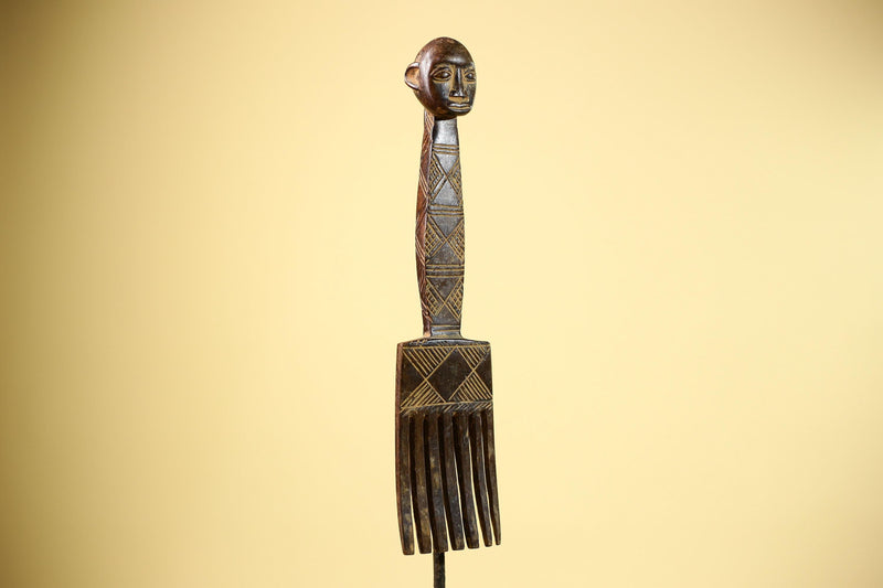 African Carved Wood Statue Comb Geometric Pattern West Africa Tribal Decor-G5894