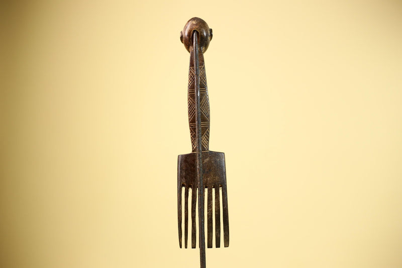 African Carved Wood Statue Comb Geometric Pattern West Africa Tribal Decor-G5894