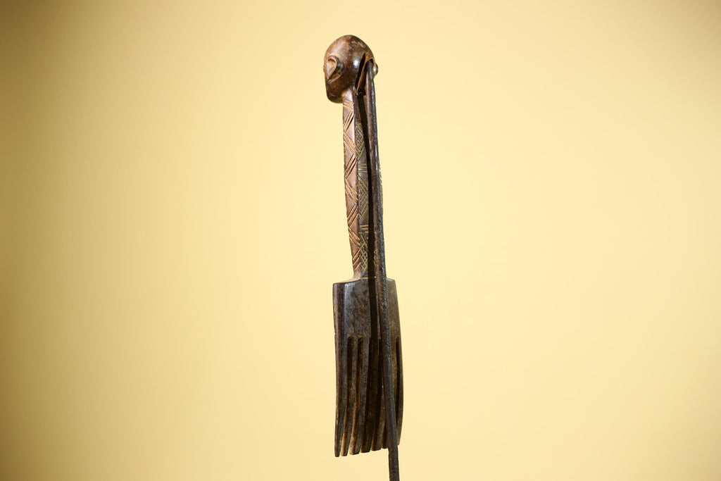African Carved Wood Statue Comb Geometric Pattern West Africa Tribal Decor-G5894