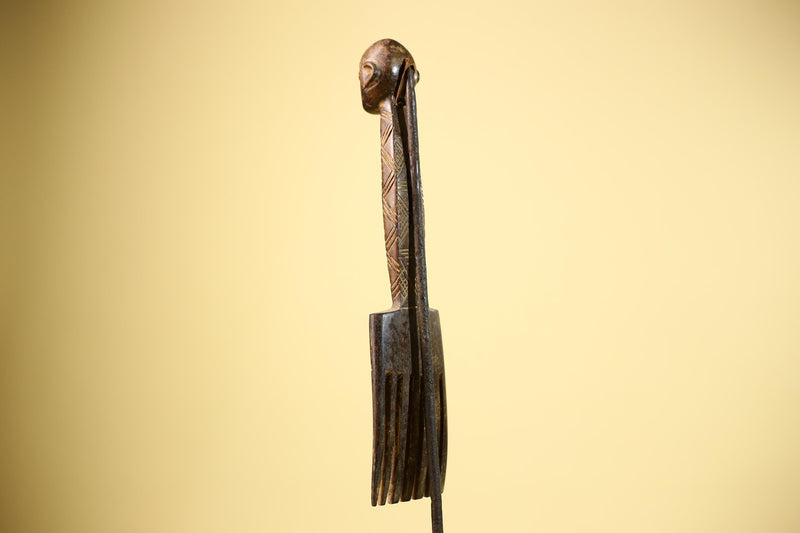 African Carved Wood Statue Comb Geometric Pattern West Africa Tribal Decor-G5894