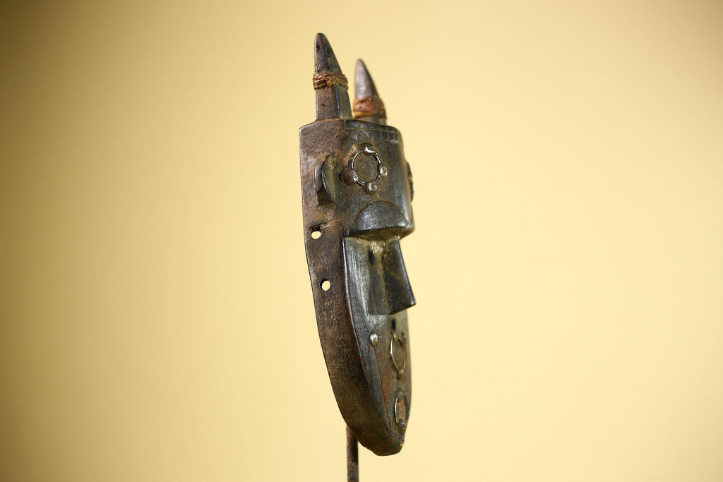 African Tribal Mask Carved Wood Horned Crest Côte d’Ivoire Wall Decor-G5895