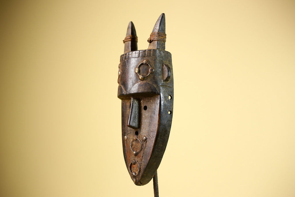 African Tribal Mask Carved Wood Horned Crest Côte d’Ivoire Wall Decor-G5895