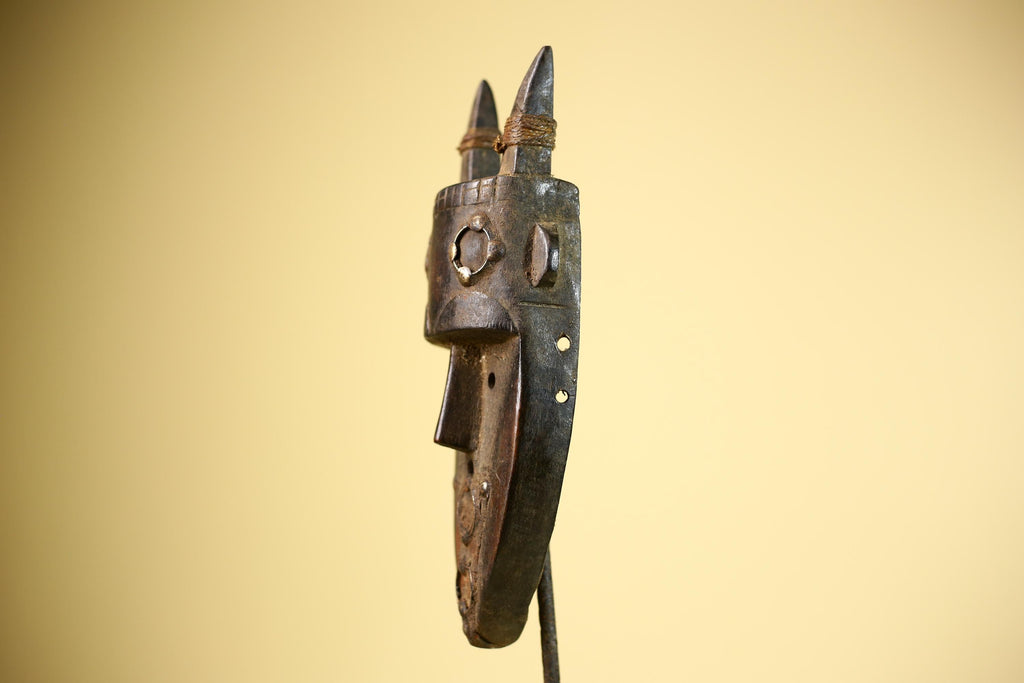 African Tribal Mask Carved Wood Horned Crest Côte d’Ivoire Wall Decor-G5895