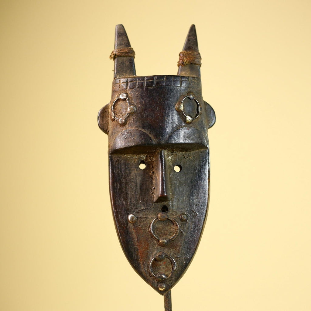 African Tribal Mask Carved Wood Horned Crest Côte d’Ivoire Wall Decor-G5895