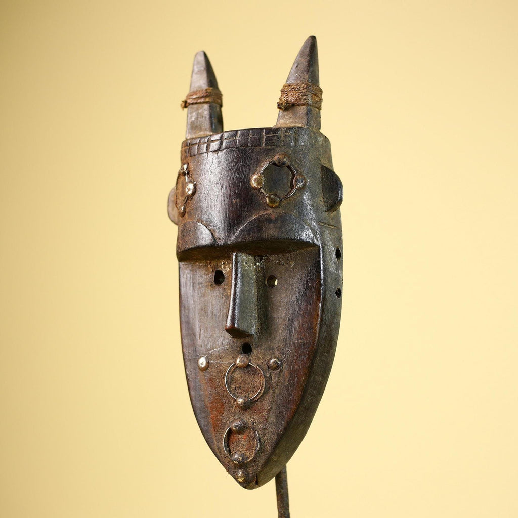 African Tribal Mask Carved Wood Horned Crest Côte d’Ivoire Wall Decor-G5895