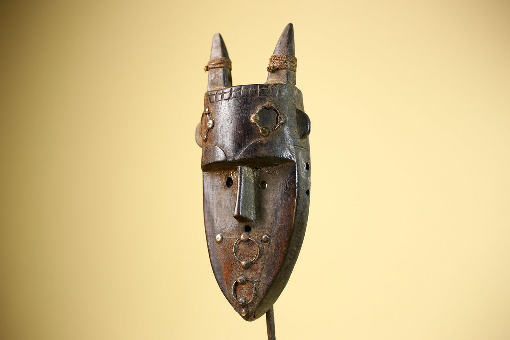 African Tribal Mask Carved Wood Horned Crest Côte d’Ivoire Wall Decor-G5895