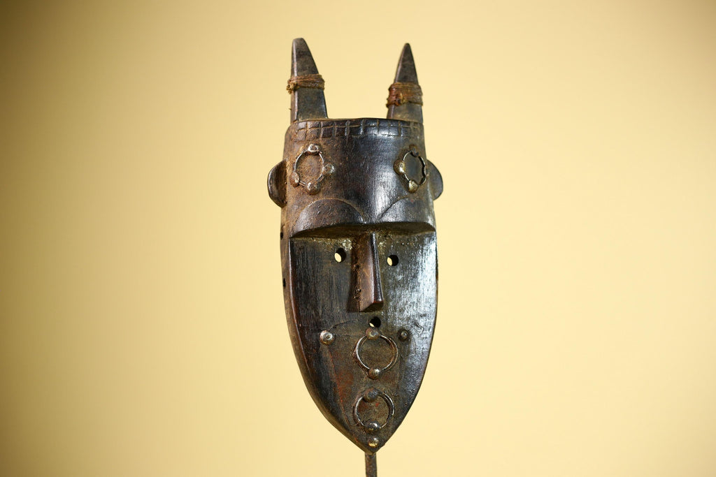 African Tribal Mask Carved Wood Horned Crest Côte d’Ivoire Wall Decor-G5895