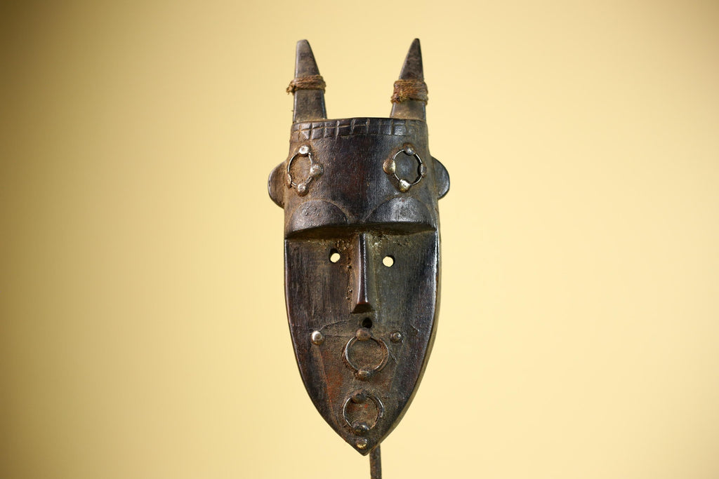 African Tribal Mask Carved Wood Horned Crest Côte d’Ivoire Wall Decor-G5895
