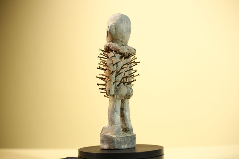 African Nail Figure Statue Carved Wood Ritual Fetish Congo Tribal Art-G5899