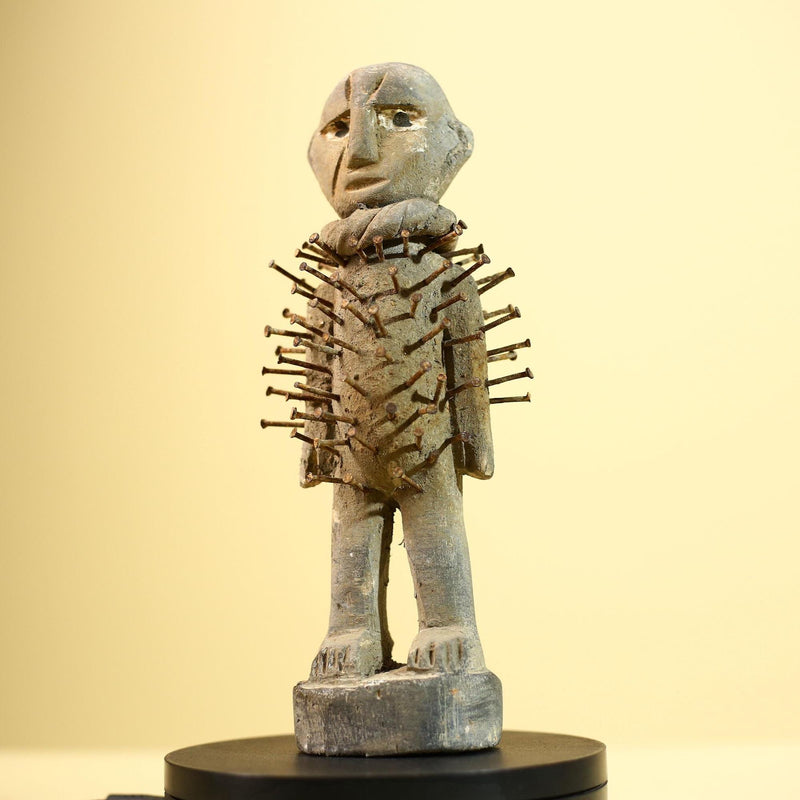 African Nail Figure Statue Carved Wood Ritual Fetish Congo Tribal Art-G5899