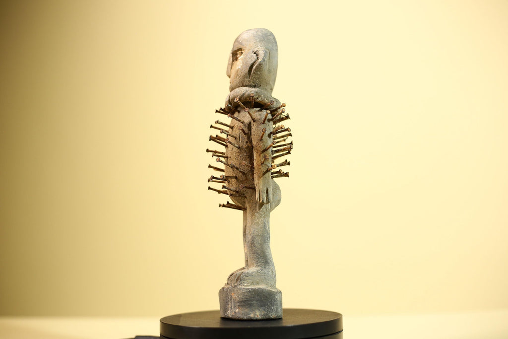 African Nail Figure Statue Carved Wood Ritual Fetish Congo Tribal Art-G5899