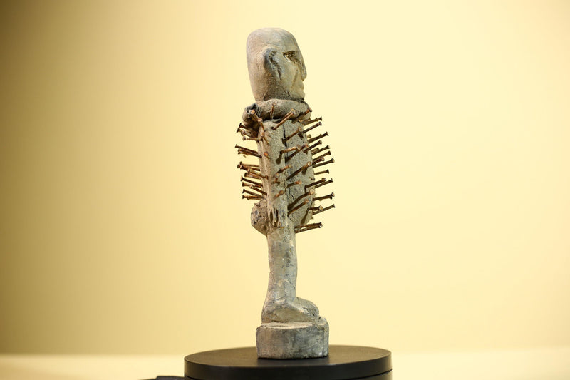 African Nail Figure Statue Carved Wood Ritual Fetish Congo Tribal Art-G5899