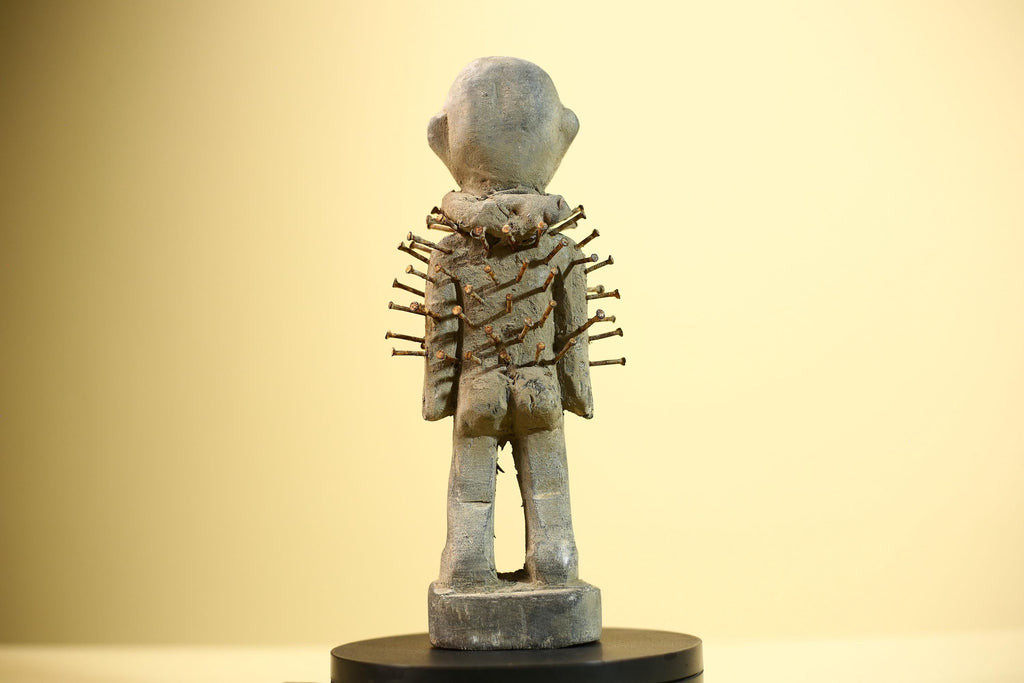 African Nail Figure Statue Carved Wood Ritual Fetish Congo Tribal Art-G5899
