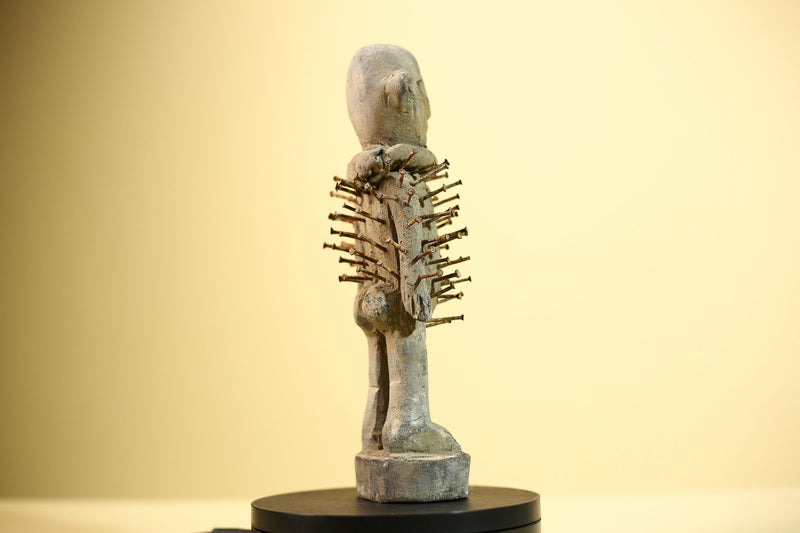 African Nail Figure Statue Carved Wood Ritual Fetish Congo Tribal Art-G5899