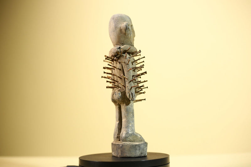 African Nail Figure Statue Carved Wood Ritual Fetish Congo Tribal Art-G5899