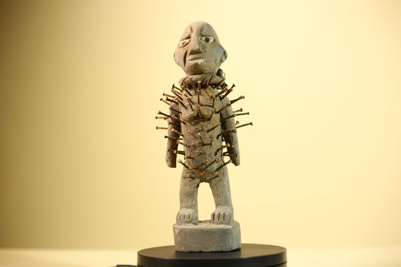 African Nail Fetish Statue Carved Wood Figure Congo Tribal Art Decor-G5900