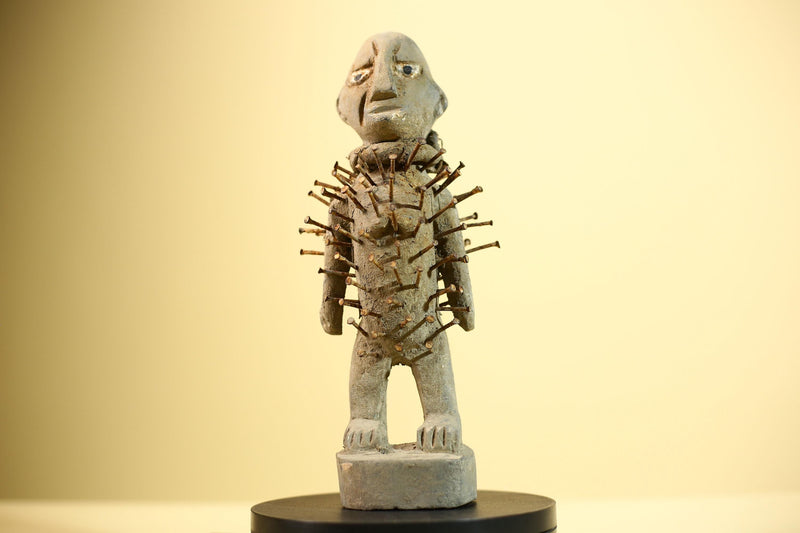 African Nail Fetish Statue Carved Wood Figure Congo Tribal Art Decor-G5900